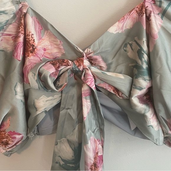 EXPRESS NWT Floral Satin Bow Back Crop Top - Sage Green Pink Size 2 - Picture 8 of 13